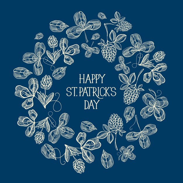Tarjeta de felicitación de bosquejo de marco de círculo azul y blanco con muchos elementos tradicionales alrededor del texto sobre st. día de San Patricio