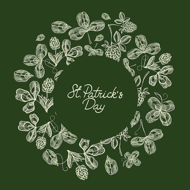 Tarjeta de felicitación de bosquejo de marco de círculo verde y blanco con muchos elementos tradicionales alrededor del texto sobre st. día de San Patricio