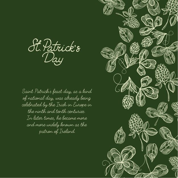 Tarjeta de felicitación colorida del bosquejo del diseño decorativo dibujado a mano con letras sobre st. Día de San Patricio a la derecha con ramitas de lúpulo, trébol y bayas ilustración vectorial