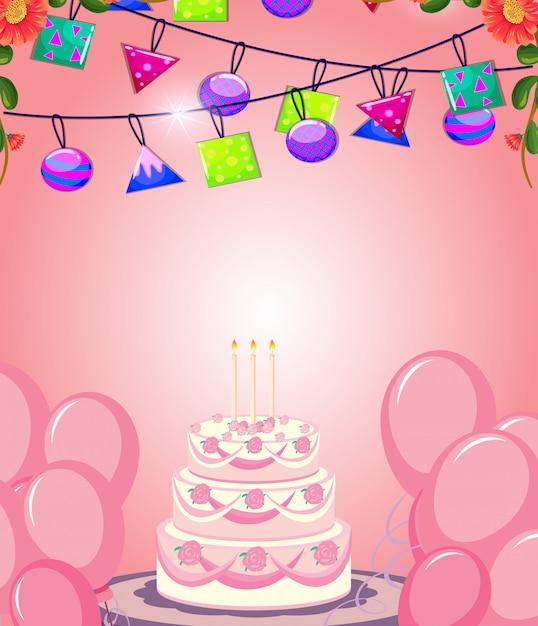 Tarjeta de felicitación de cumpleaños feliz con pastel y decoración
