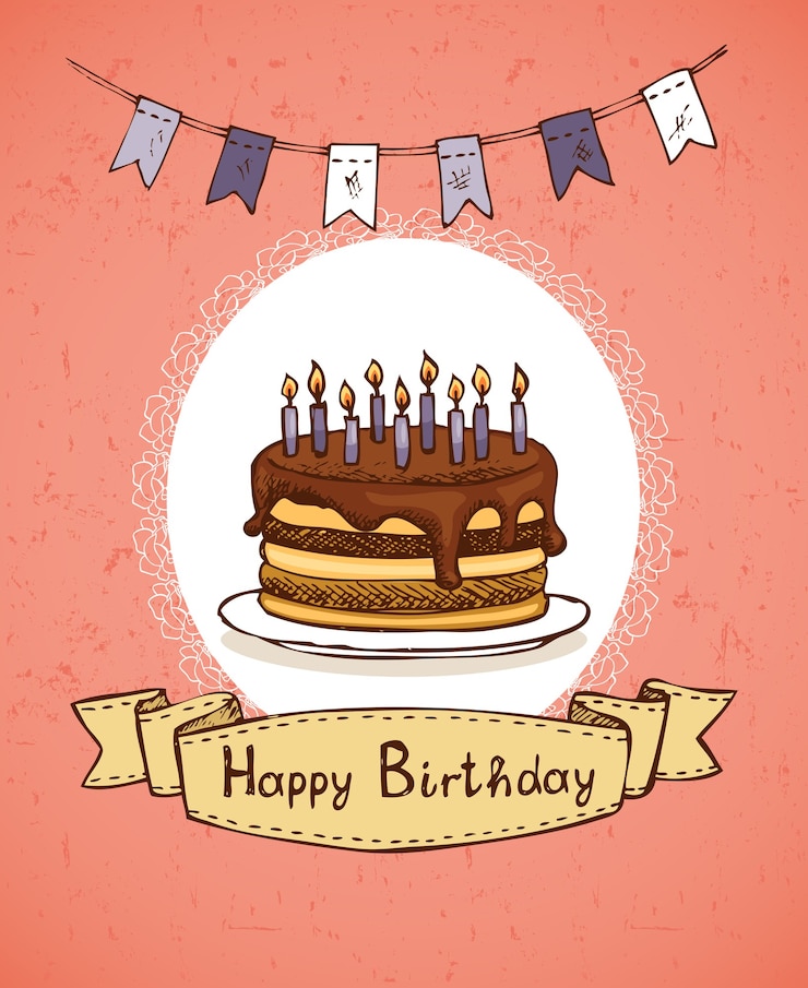 Vector gratuito tarjeta de felicitación de cumpleaños con pastel de chocolate con banderas y emblema ilustración vectorial