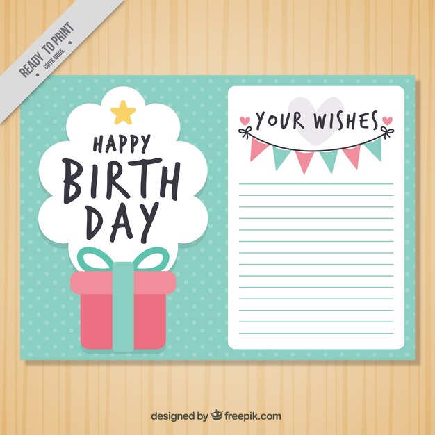 Tarjeta de felicitación de cumpleaños con regalo y guirnalda