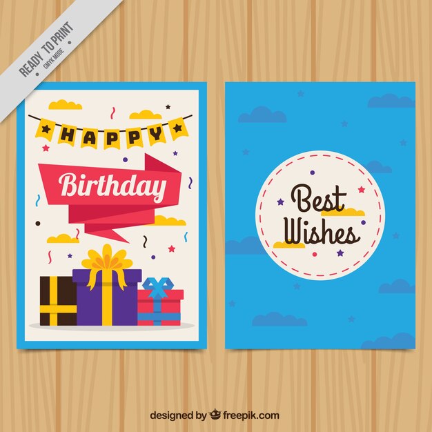 Tarjeta de felicitación de cumpleaños con regalos en diseño plano