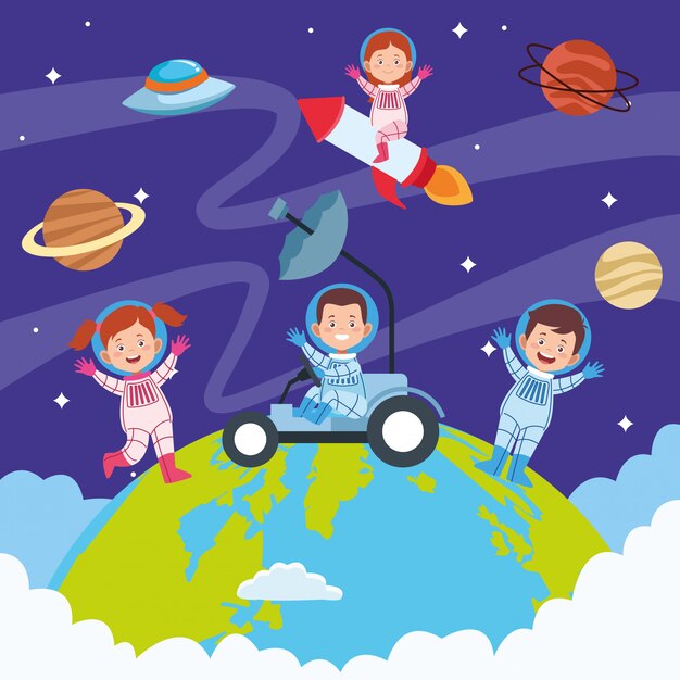 Tarjeta de felicitación del día feliz de los niños con niños en el espacio