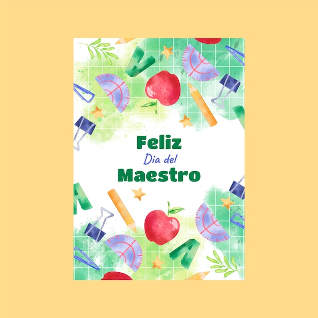 Vector gratuito tarjeta de felicitación del día del maestro de acuarela en español.