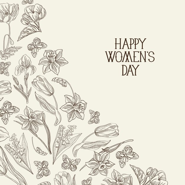 Tarjeta de felicitación del día de la mujer feliz en blanco y negro con muchos colores y flores a la derecha del texto rojo con la ilustración de vector de saludos.