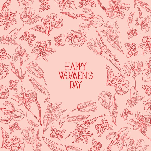Tarjeta de felicitación del día de la mujer feliz rosa con muchas flores a la derecha del texto rojo con saludos ilustración vectorial
