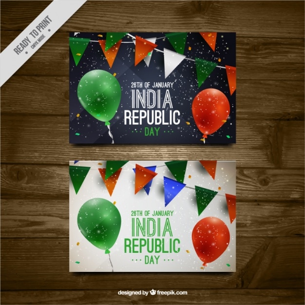 Vector gratuito tarjeta de felicitación del día de la república de india con globos y guirnaldas