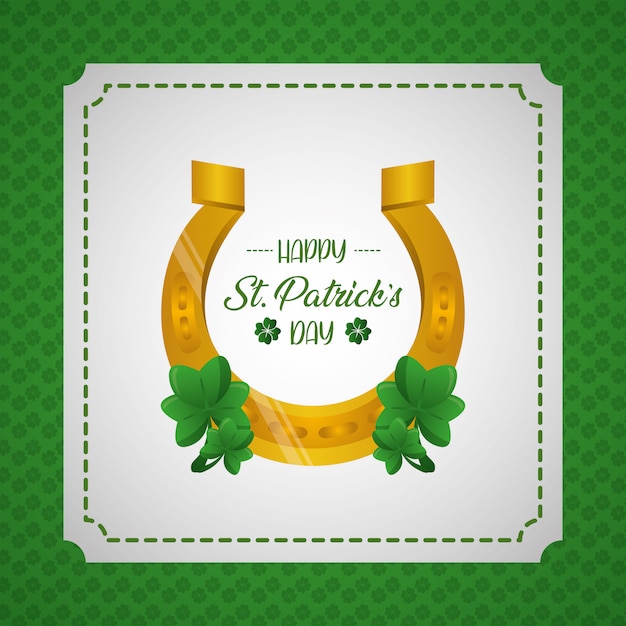 Tarjeta de felicitación del día de san patricio feliz, etiqueta de herradura y trébol en verde
