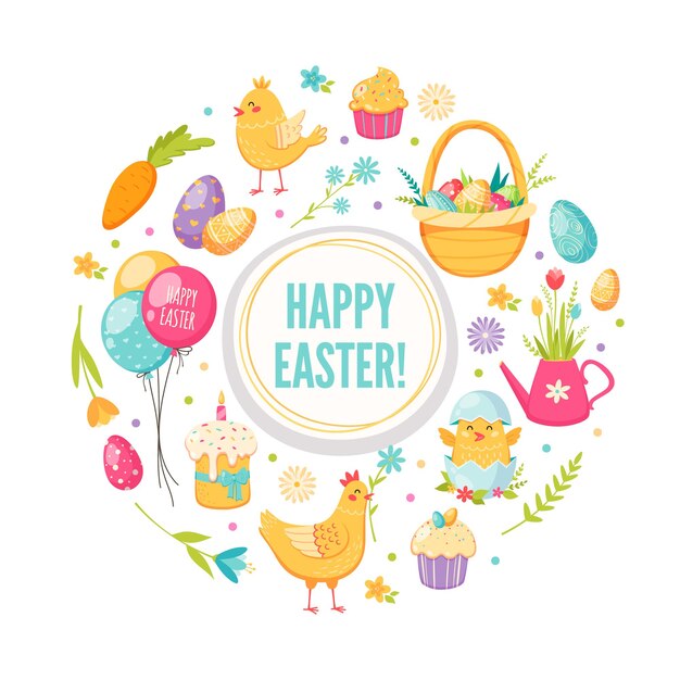 Tarjeta de felicitación de dibujos animados de Pascua con huevos y pastel de globos de pollo