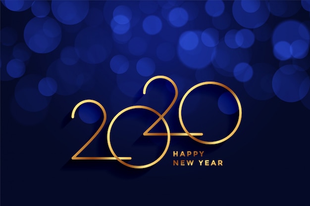 Tarjeta de felicitación de feliz año nuevo 2020 oro y azul bokeh
