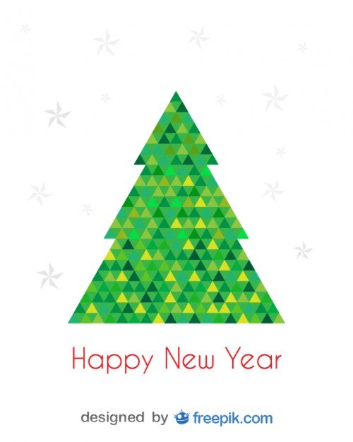 Tarjeta de felicitación de Feliz año nuevo de un árbol de navidad hecho con triángulos verdes y amarillos