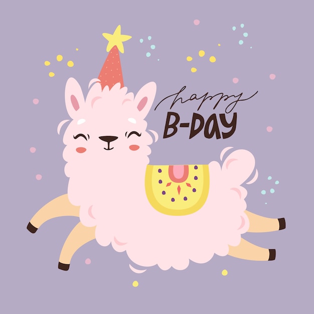 Tarjeta de felicitación de feliz cumpleaños con carácter de alpaca. dulce lama