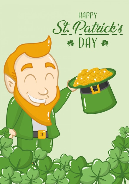 Tarjeta de felicitación feliz del día de san patricio, duende con monedas en su sombrero