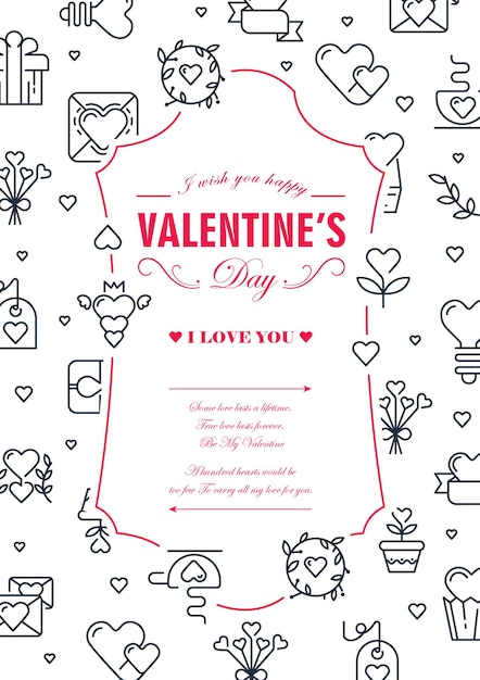 Tarjeta de felicitación feliz del día de San Valentín con confesión de amor y elementos románticos en la ilustración plana de fondo blanco