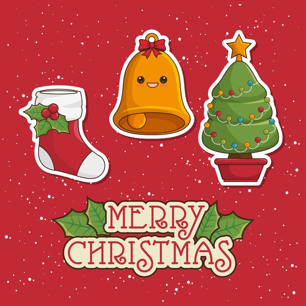 Tarjeta de felicitación de feliz navidad con árbol, campana y calcetines