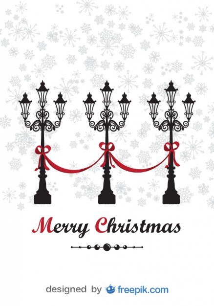 Vector gratuito tarjeta de felicitación de feliz navidad de una farola decorativa y nieve de fondo