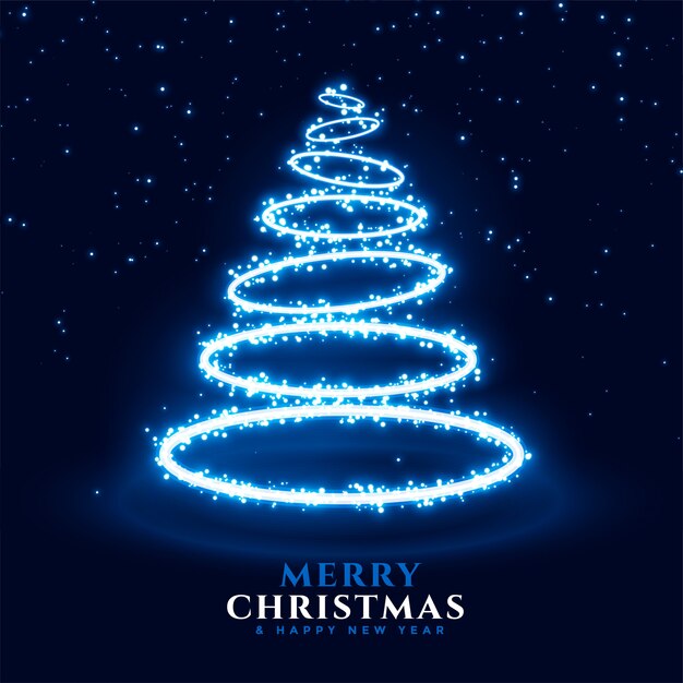Tarjeta de felicitación de feliz navidad y feliz año nuevo con árbol de navidad de neón en estilo de anillo