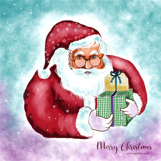 Tarjeta de felicitación de feliz navidad y feliz año nuevo con fondo de invierno de santa claus