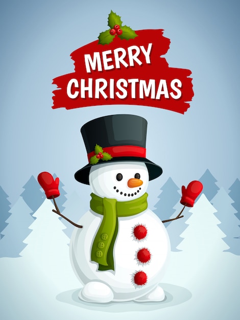Vector gratuito tarjeta de felicitación de feliz navidad con ilustración de muñeco de nieve