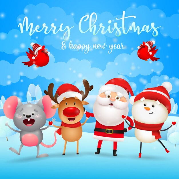 Tarjeta de felicitación de feliz Navidad con Santa Claus, renos, muñeco de nieve y ratón