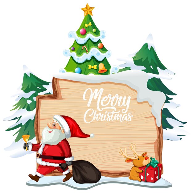 Tarjeta de felicitación de feliz Navidad con tablero de madera con personaje de Santa en blanco