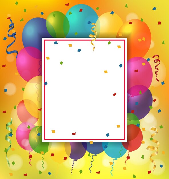 Tarjeta de felicitación, globos y hoja de papel