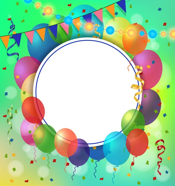 Tarjeta de felicitación, globos y marco redondo
