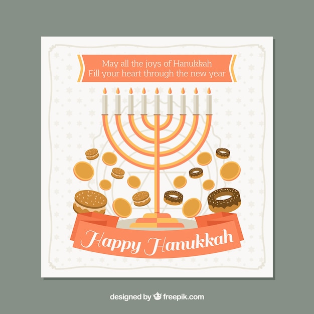 Vector gratuito tarjeta de felicitación de hanukkah con dulces y candelabro