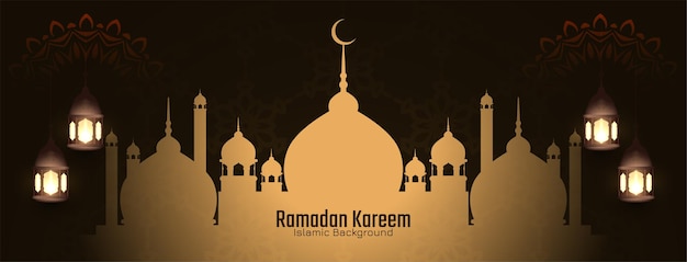 Vector gratuito tarjeta de felicitación islámica del festival de ramadán kareem con mezquita