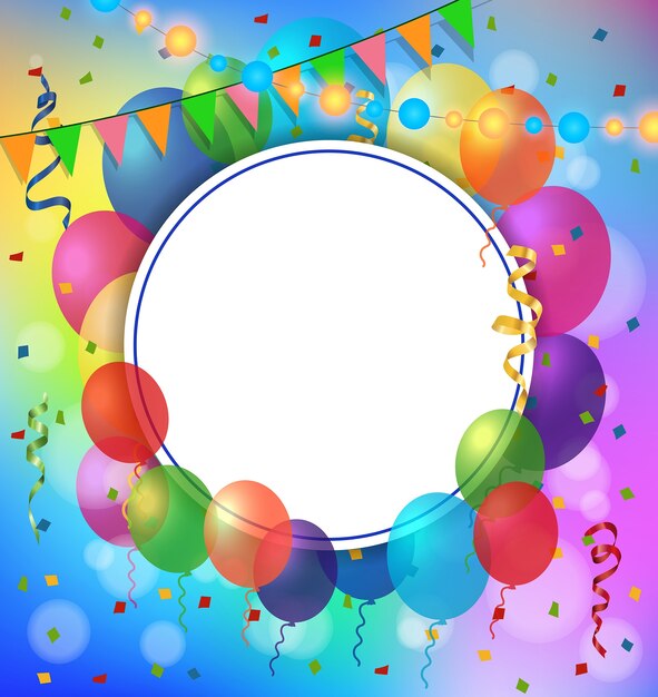 Tarjeta de felicitación, marco redondo y globos