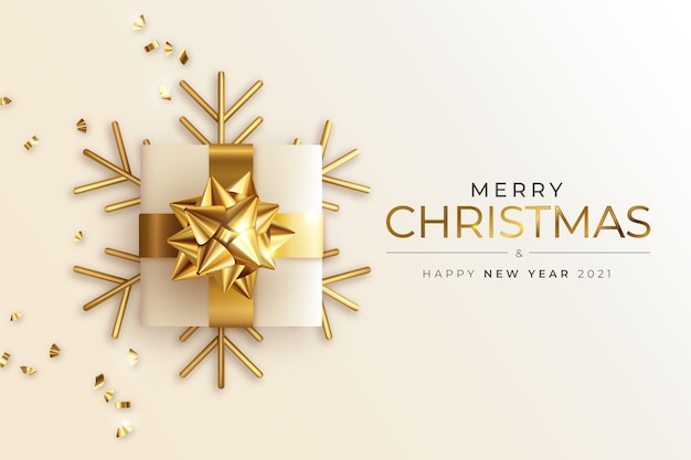 Tarjeta de felicitación de navidad y año nuevo con regalo dorado realista