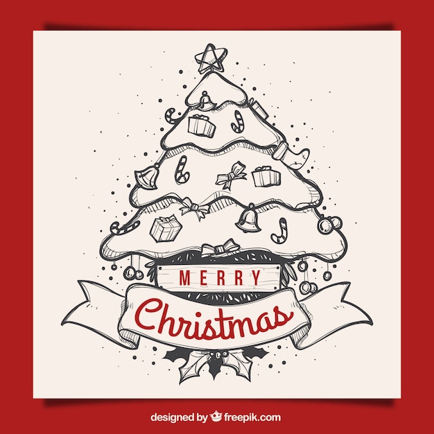 Tarjeta de felicitación de navidad con árbol dibujado a mano