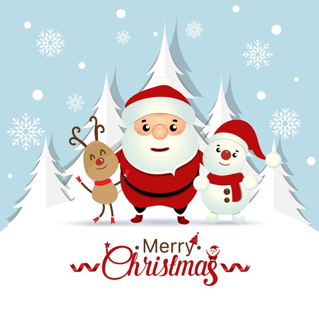 Tarjeta de felicitación de Navidad con la Navidad Santa Claus, muñeco de nieve y renos. Ilustración vectorial