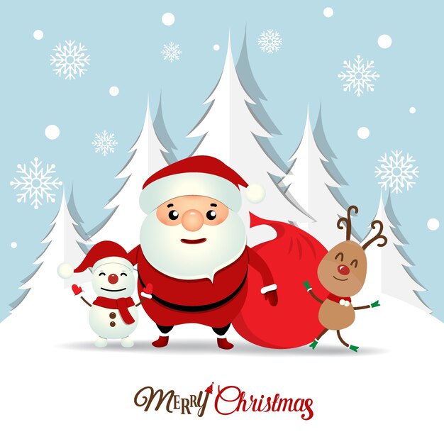 Tarjeta de felicitación de Navidad con Navidad Santa Claus, muñeco de nieve y renos. Ilustración vectorial
