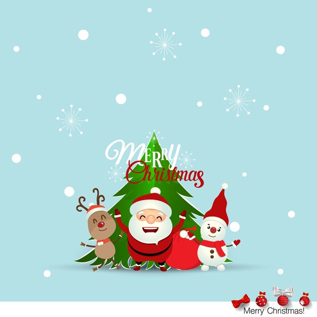 Tarjeta de felicitación de Navidad con la Navidad Santa Claus, muñeco de nieve y renos. Ilustración vectorial