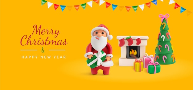 Tarjeta de felicitación navideña amarilla con plastilina Santa y adornos navideños
