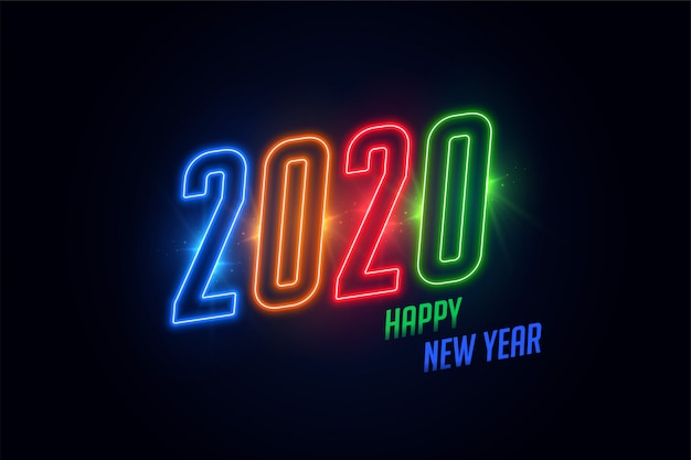 Tarjeta de felicitación de neón brillante colorido feliz año nuevo 2020 brillante