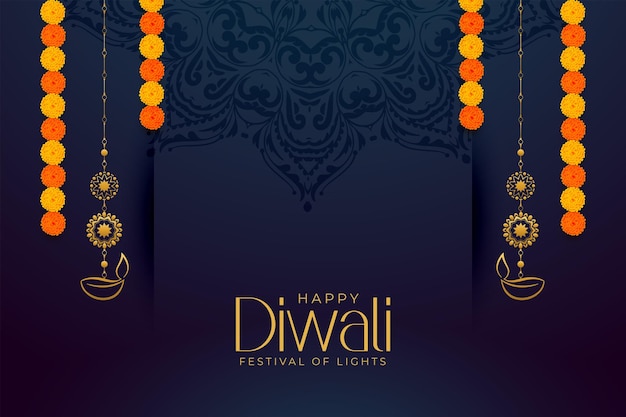 Vector gratuito tarjeta de felicitación premium shubh diwali con diseño de linterna y flores.