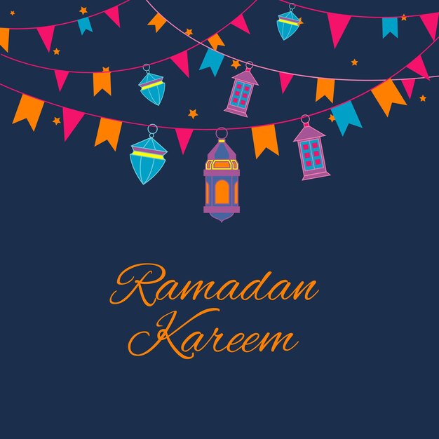 Tarjeta de felicitación de Ramadán Kareem con guirnalda de linternas, lámparas árabes