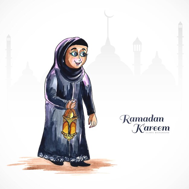 Tarjeta de felicitación Ramadan Kareem con una hermosa mujer musulmana sosteniendo un diseño de farol árabe