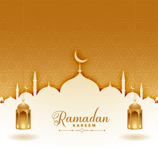 Tarjeta de felicitación de Ramadán Kareem con mezquita y linternas