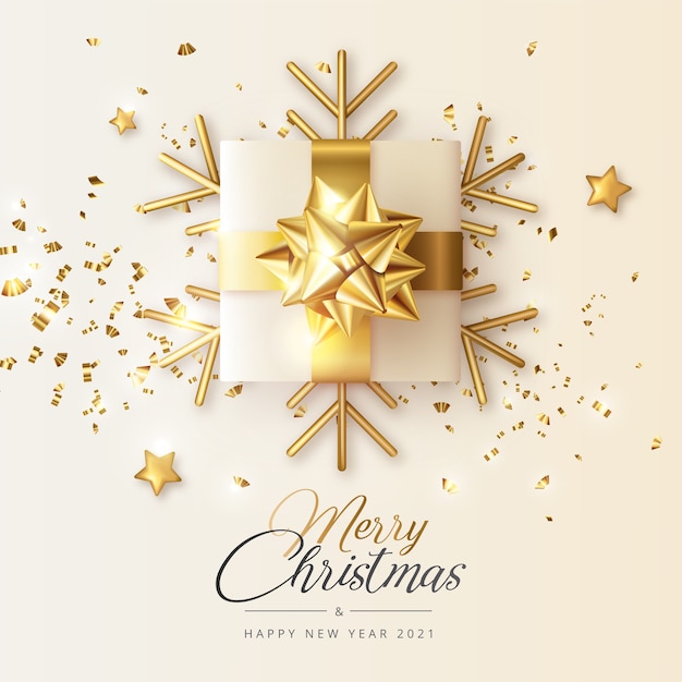 Tarjeta de felicitación realista de navidad y año nuevo con regalo dorado y copos de nieve