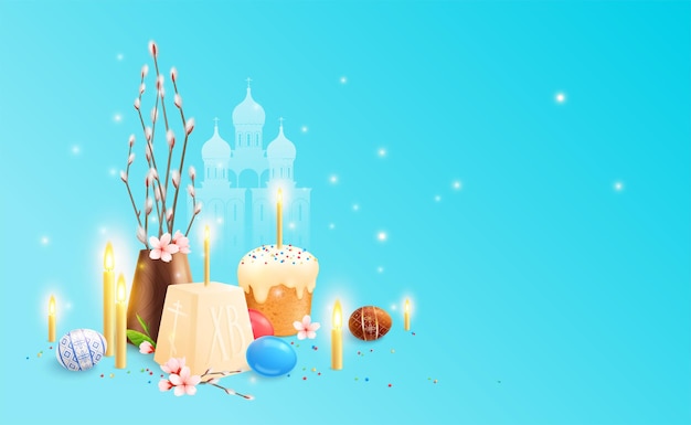 Tarjeta de felicitación realista de pascua ortodoxa composición de decoraciones festivas velas huevos y dulces sobre fondo azul ilustración vectorial