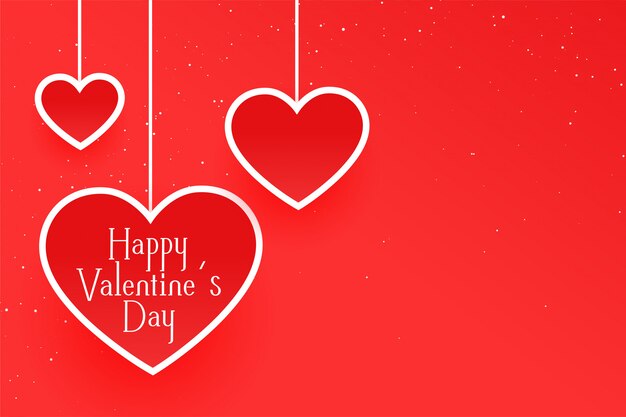 Tarjeta de felicitación roja limpia del día de San Valentín con corazones colgantes