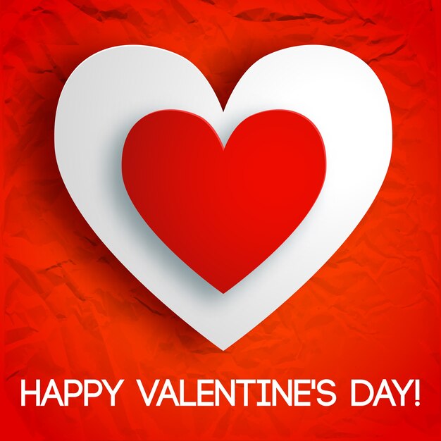 Tarjeta de felicitación romántica con inscripción y dos corazones de cartón en papel arrugado rojo aislado ilustración vectorial