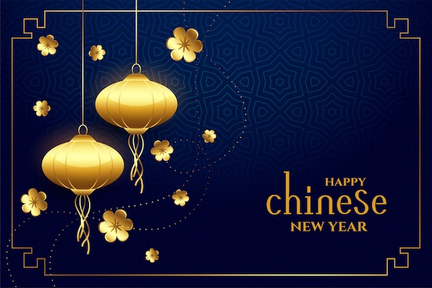 Tarjeta de felicitación de tema azul y dorado del año nuevo chino