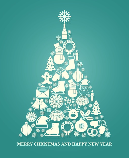Tarjeta de felicitación de vector de Navidad con un árbol compuesto por una variedad de iconos de temporada en silueta blanca dispuestos en forma de árbol cónico en azul con texto a continuación para Navidad y Año Nuevo