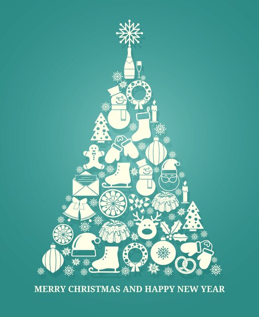 Tarjeta de felicitación de vector de Navidad con un árbol compuesto por una variedad de iconos de temporada en silueta blanca dispuestos en forma de árbol cónico en azul con texto a continuación para Navidad y Año Nuevo