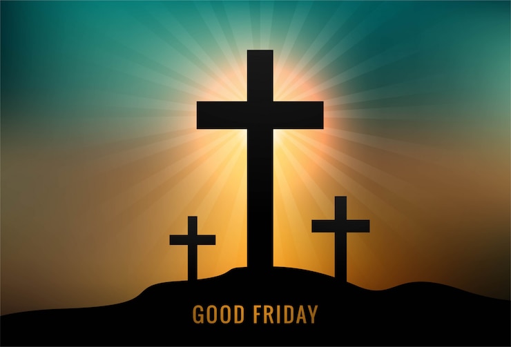 Vector gratuito tarjeta de felicitación para el viernes santo con fondo de puesta de sol de tres cruces